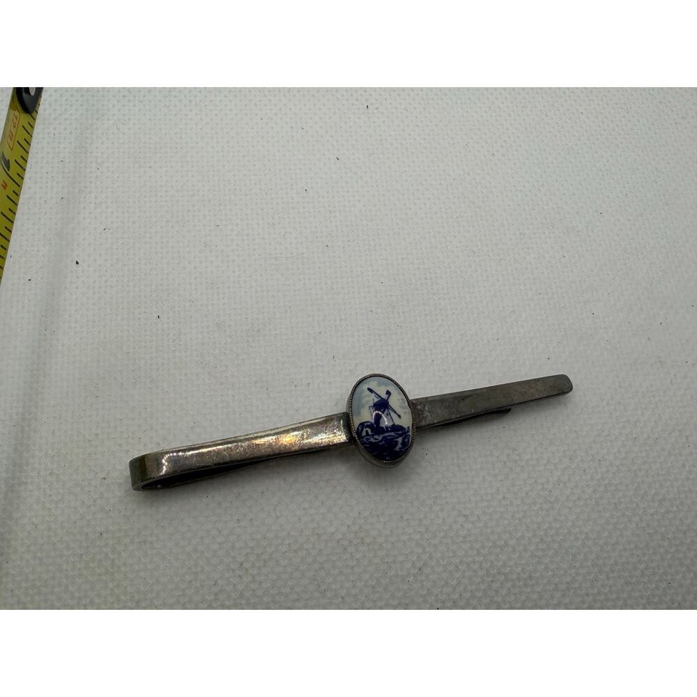 Vintage Tie Clip: Delft Blue and White Windmill Porcelain Insert; Silver Tie Pin